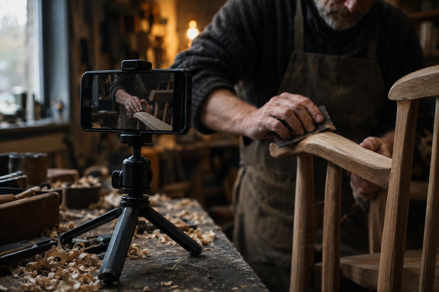 Phone on a small tripod filming a woodworker sanding a handmade chair