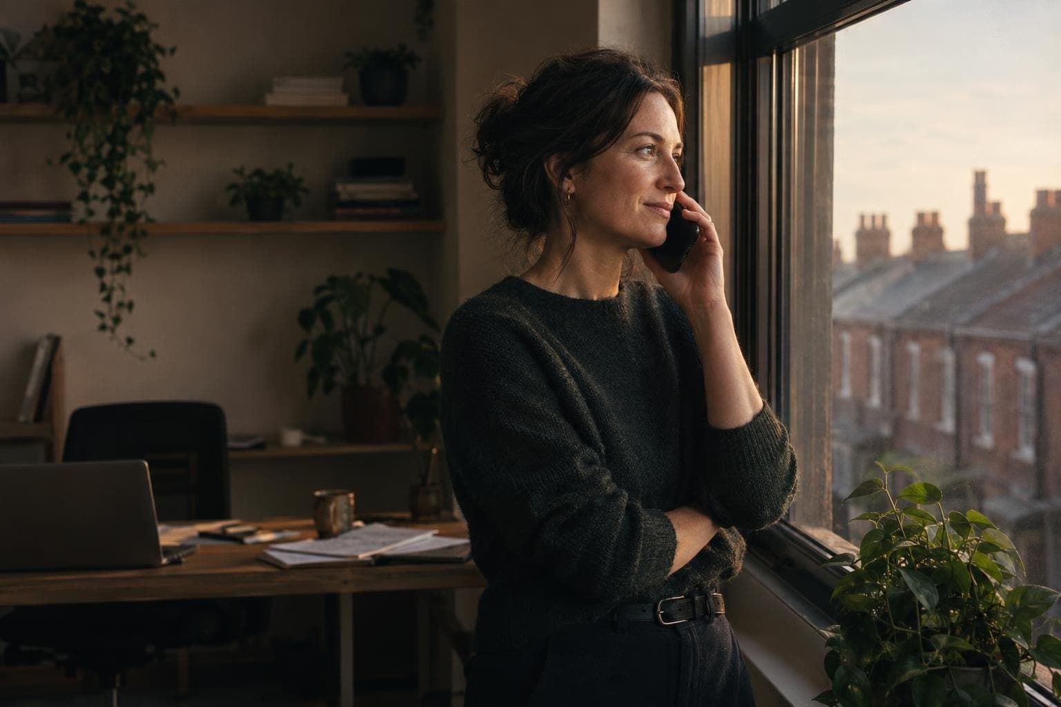 Business owner on a phone call by a window overlooking terraced rooftops