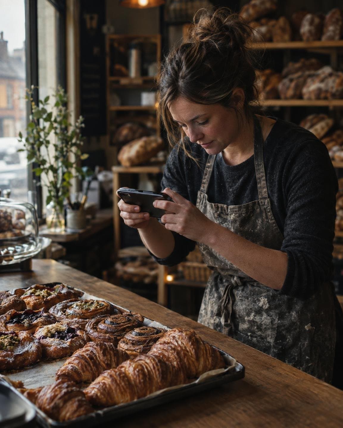 Bakery owner photographing a tray of fresh pastries on her phone