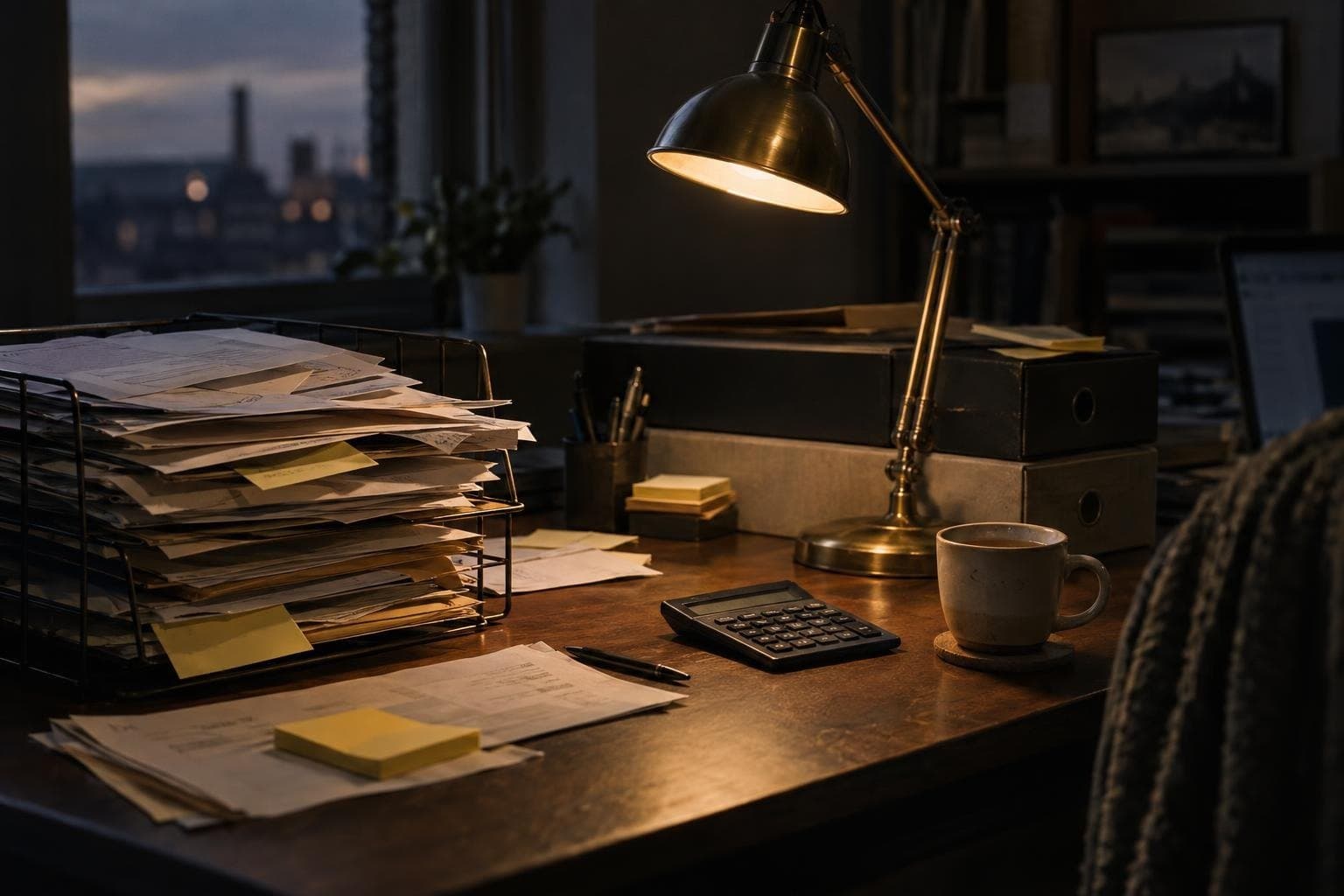 Cluttered desk late at night with an overflowing tray of paper invoices, box files and sticky notes