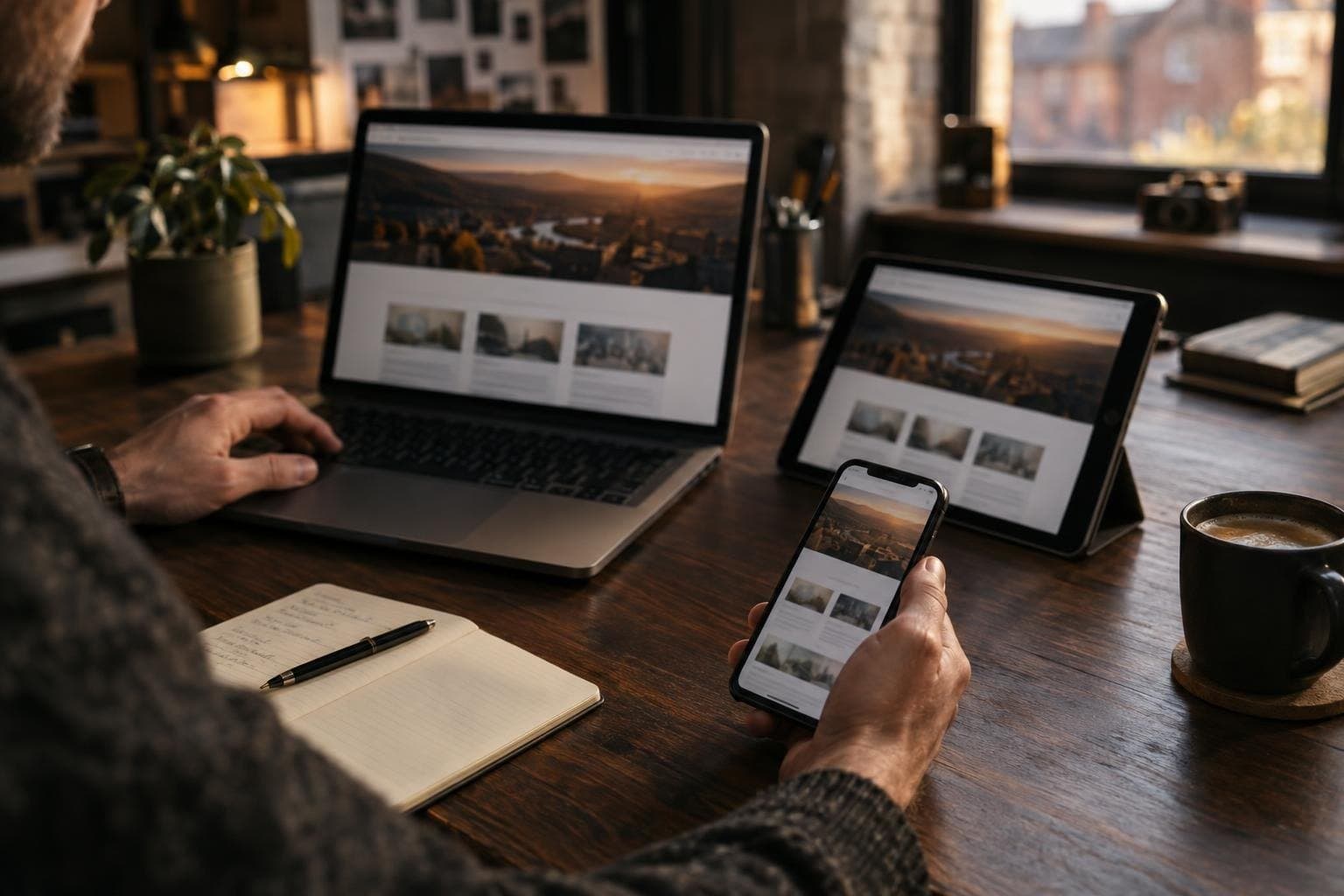 The same website open on a laptop, a tablet and a phone on a wooden desk