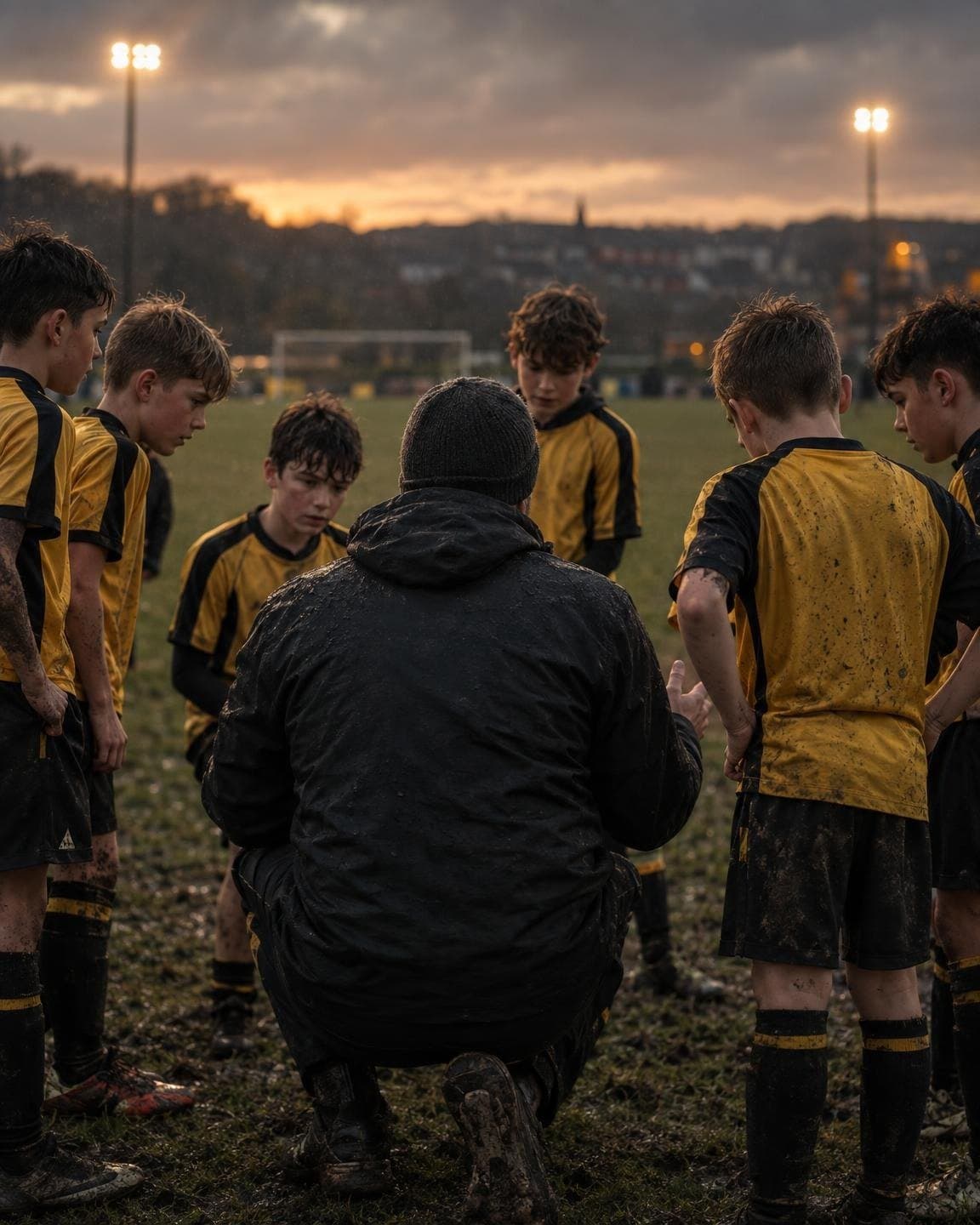 Volunteer coach giving a youth football team a talk under floodlights