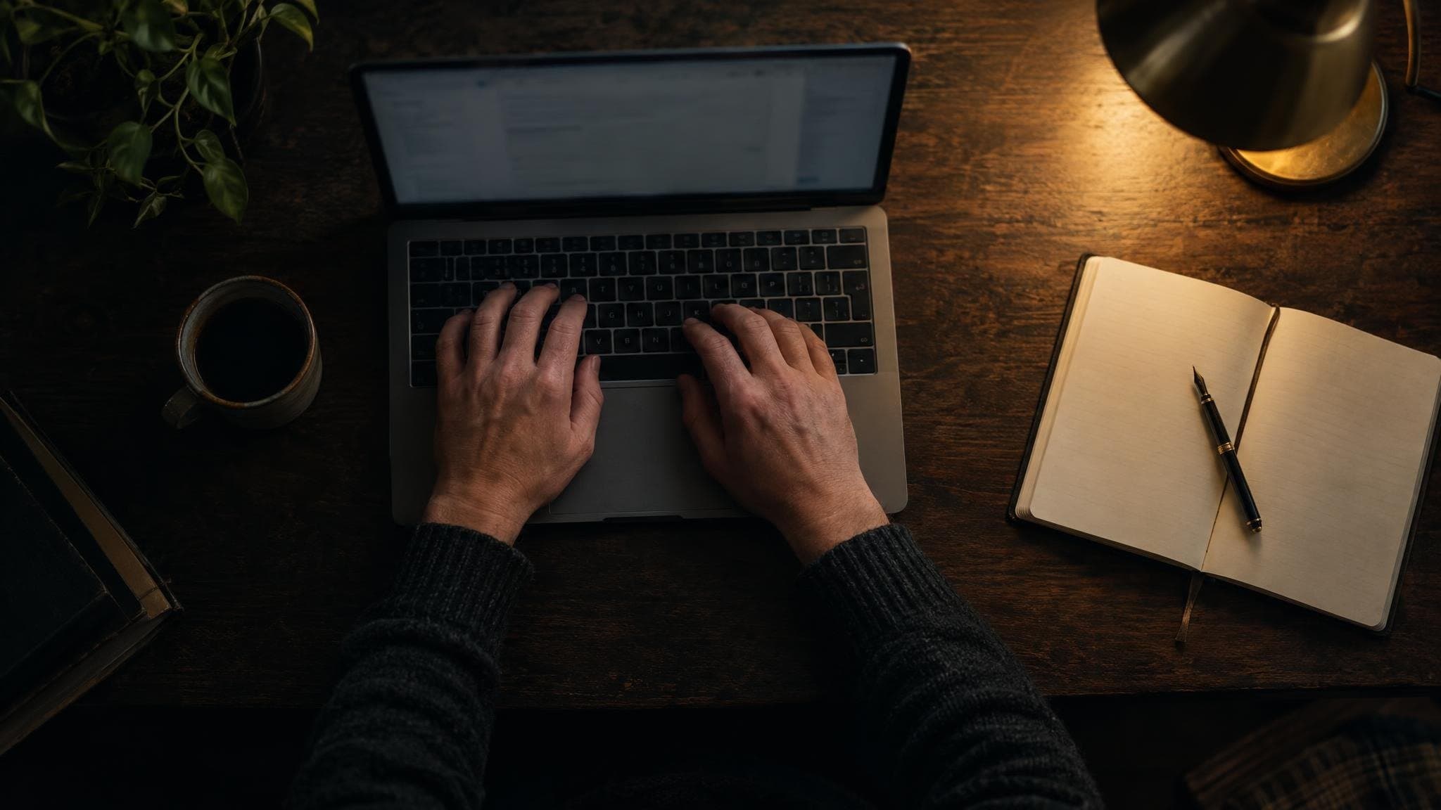 Overhead view of hands typing on a laptop beside an open notebook and pen