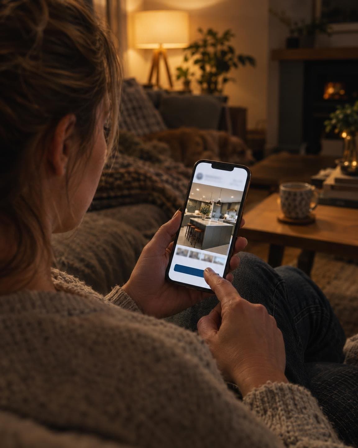 Woman on a sofa browsing a local tradesperson's website on her phone
