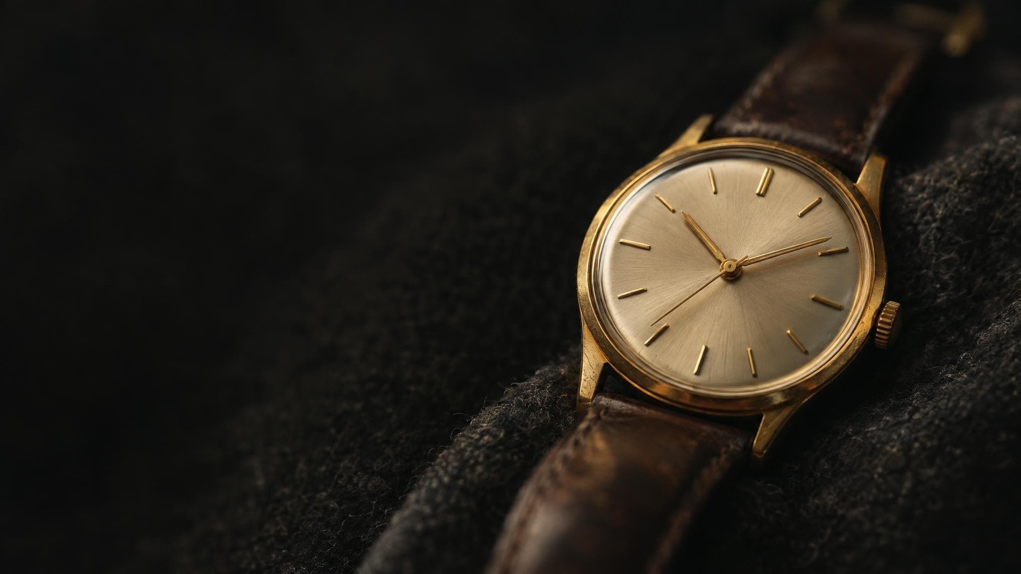 Close-up of a gold wristwatch resting on dark wool